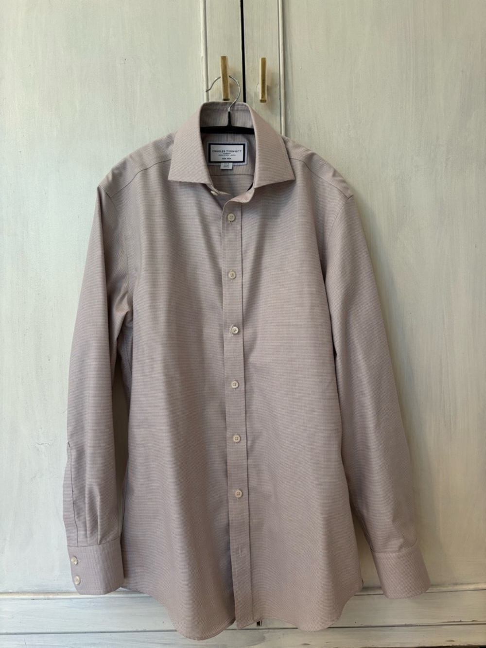 Charles Tyrwhitt Men's Tan/White Herringbone Dress Shirt - Spread Collar 15/33